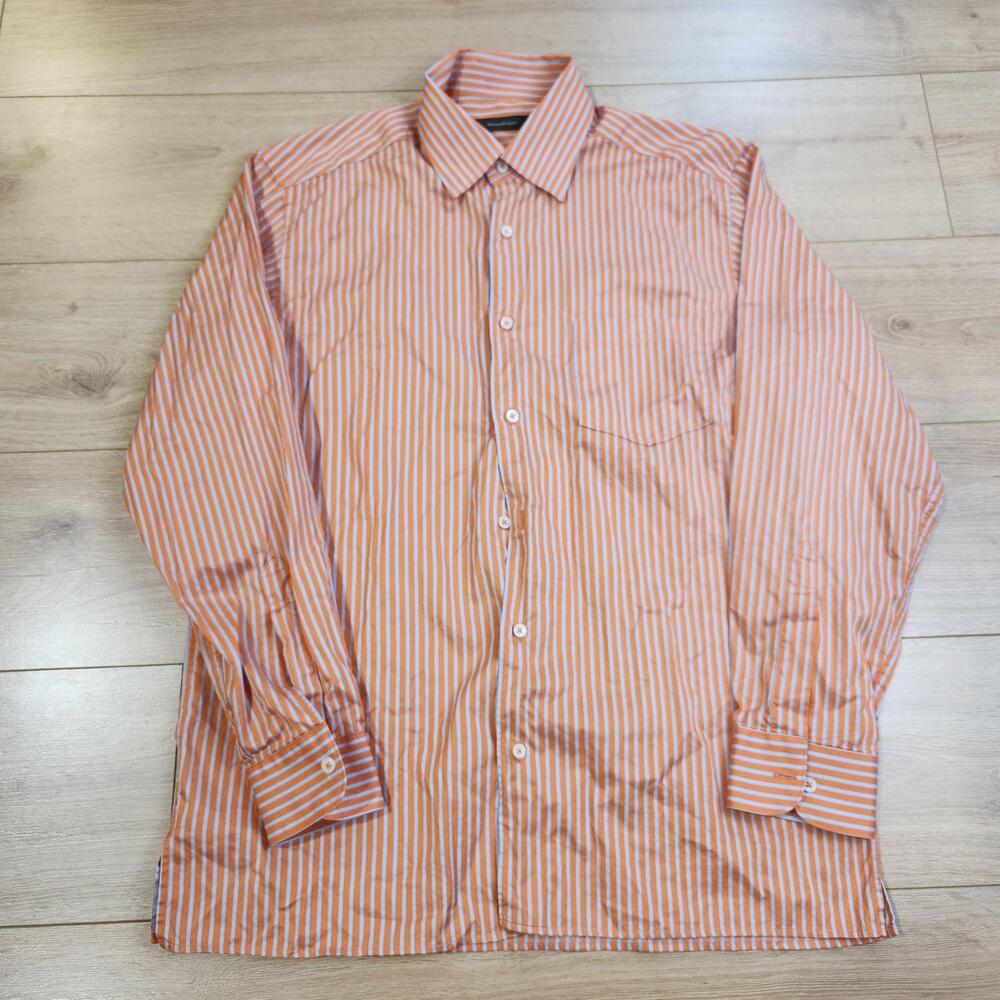 Ermenegildo Zegna Dress Shirt Mens L Orange Stripe Cotton Long Sleeve Button Up